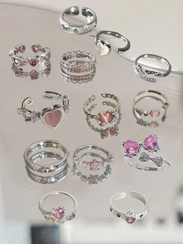 13 pièces Bagues cristal réglables Ensemble de bagues vintage en forme de géométrie asymétrique rose, nœud papillon et cœur pour femmes et filles. Nouveau cadeau de bijoux à la mode
