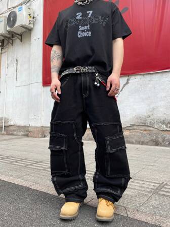 1 条男士实用牛仔裤，美国复古街头风格设计宽松直筒多口袋裤子