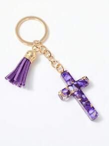 1pc Women's New European & American Style Resin Heart Cross Pendant Keychain, Shiny Cross Tassel Charm Accessory, Simple Backpack Hanging Ornament, Small Gift - Multicolor - View 9