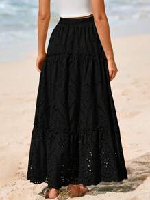 Women's Casual Lace Embroidery Eyelet Elastic High Waist Tiered A-Line Flowy Long Skirt Summer Boho Bohemian Beach Spring Holiday Vacation Going Out Valentine Long Maxi Skirt Outfits - 黑色 - 查看 2