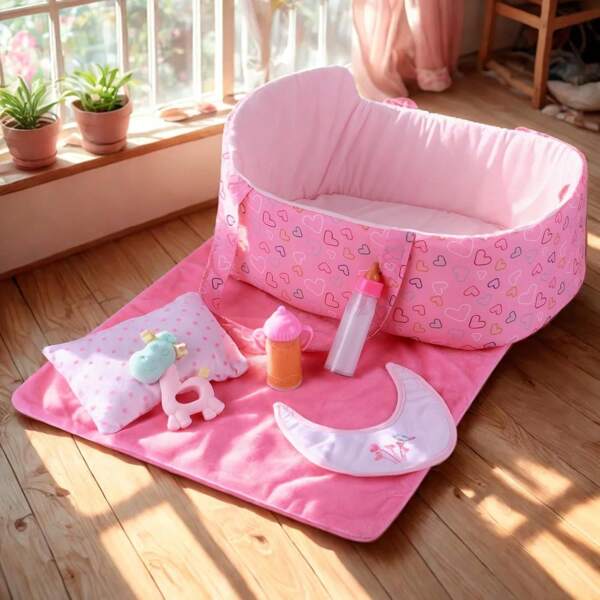 BABESIDE 7-Piece Reborn Baby Accessory Set - Bassinet, Feeding Set, Bibs, Bottles With Disappearing Milk & Juice For 17-22 Inch Dolls