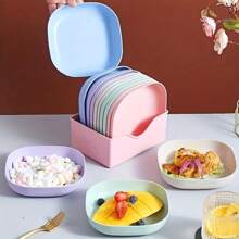 10pcs Square Serving Plates With 1 Stand, Portable Food Dish Set, Suitable For Snacks And Breakfast, Plastic, Essential Kitchen Tool. Mess Plates, Bone Dishes, Home Bone Plates, Bone Dishes, Small Snack Plates, Creative Plastic Dishes With Pedestal.