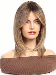 14 Inch High Quality Women's Wig, Natural Brown Color With Bangs And Layered Style, Made Of Heat-Resistant Synthetic Fiber, Suitable For Vacation, Travel, Cosplay, Parties And Daily Wear - Ombre - View 5