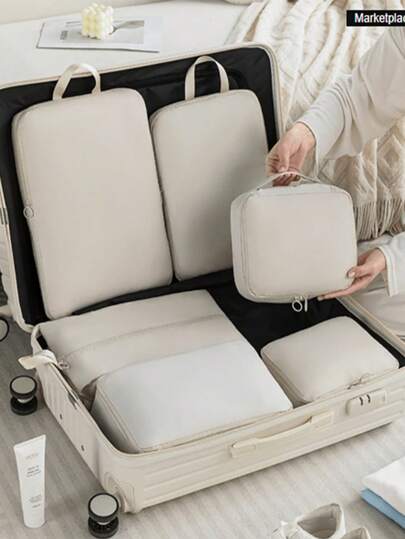 6 Pcs Compression Packing Cubes,Travel Bag Set,Travel Storage Bag Set,For Travel,For College Dorm,For School,For Vacation Holiday,With Shoe Bag,With Lingerie Bag,With Underwear Cube,With Socks Bag,With Laundry Bag Back To School Supplies