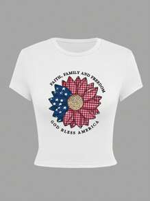 短款上衣，美国国旗和花朵图案短款紧身 T 恤，向日葵图案，爱国上帝保佑美国，适合所有年龄段，休闲、派对、全年旅行 - 白色 - 查看 6