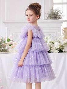 Young Girl Lavender Bow Sleeveless Sequin Mesh Party Princess Dress, Cake Dress Suitable For Girls Birthday Party, Prom, Graduation Ceremony - Purple - View 3