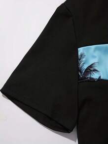 2pcs Men's Casual Summer Fashion Set - Comfortable Polyester Mesh T-Shirt And Palm Tree Print Drawstring Shorts
