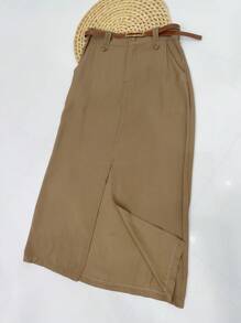 Midi Skirt With Belt High Waist Slit - Mocha Brown - View 6