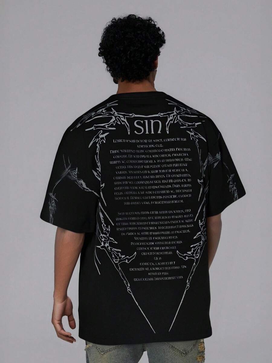 数码印花，学院风，男士T恤搭配短袖套头衫，宽松，夏季休闲，街头装，春夏复古T恤 - 黑色 - 查看 1