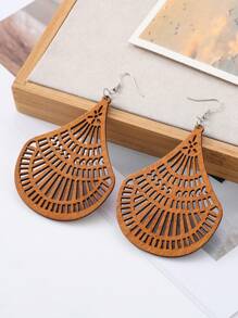 1 Pair Wooden Floral Hollow Fan-Shaped Earrings, European And American Retro Exaggerated Bohemian Geometric Long Earrings - Earrings - View 2