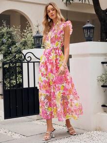 Simplee Women's Summer New Lace Patchwork Floral Print Long Dress, Suitable For Wedding Guests, Party Dresses, Graduation Season - Pink - View 6