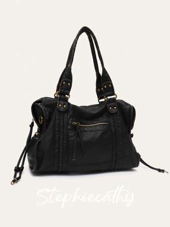 STEPHIECATHY Women's Retro Slouchy Cool Street Style Washed PU Vegan Leather Zipper Closure Multi Functional Pockets Braid Decor Brush Off Color Large Capacity Tote Handbag Fits 13' Laptop Adjustable Long Strap Crossbody Shoulder Bag Daily Commute College Overnight Travel Outings, Bohemia Style Bag For Women, New Fashionable Big Bags For Women, New Arrival Tote Bags For Woman , Gifts For Women , Office Bag
