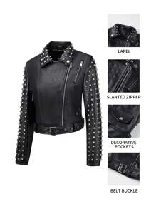 Women's Faux Leather Jacket Studded Rivet Casual Short Motorcycle Biker Coat With Belt - màu đen - Xem 4