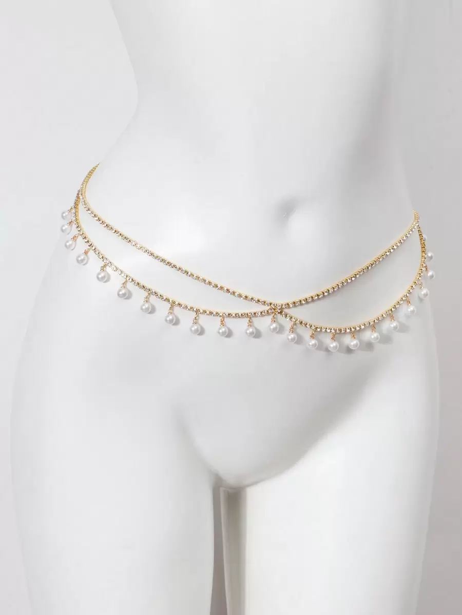 1pc French Style Faux Pearl Decor Tassel Pendant Waist Chain, Luxurious Elegant For Women - Double-layer-gold - View 1