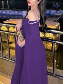 Elegant Rhinestone Trim Asymmetric Neckline High-Low Hem Formal Party Dress With Slit Sleeves, Wedding Guest Dress, Evening Dress, Gown - Purple - View 4
