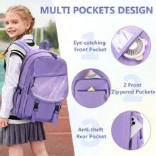 VASCHY School Bag For Girls, Cute Elementary Backpack Bookbag For Primary Schooler Kids With Sparkling Sequin Clear Pocket - Purple - View 1
