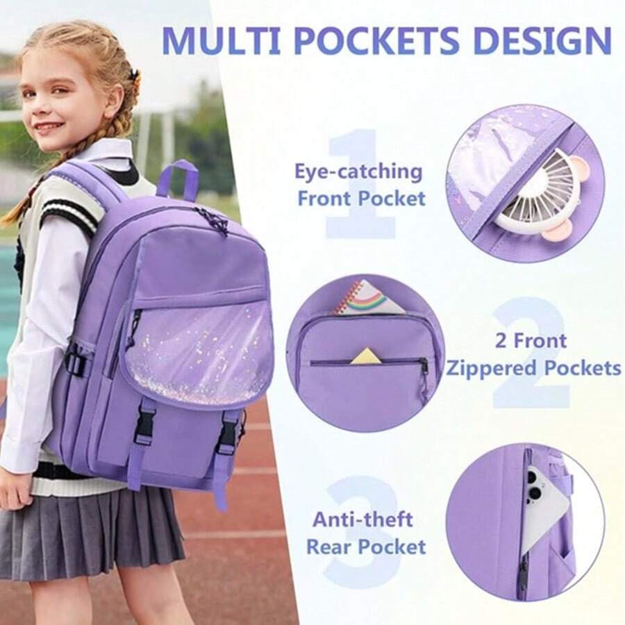 VASCHY School Bag For Girls, Cute Elementary Backpack Bookbag For Primary Schooler Kids With Sparkling Sequin Clear Pocket - Purple - View 1