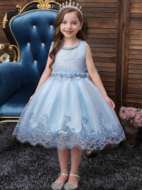 Tween Girl Lace Trim Bow Tulle Dress Princess Formal Gown Bridesmaid Wedding Anniversary Party Dress, For All Seasons