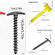 12 件露营帐篷钉、沙滩帐篷塑料桩、帐篷桩木槌、帐篷桩拆除器、3 件套锯齿户外地桩、防风钉和锤子 - 彩色 - 查看 19