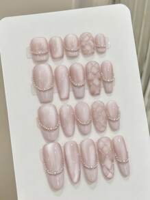 10pcs Rhombus French Pearl Pink Cat Eye Bow Handmade Nails Acrylic Press On Nails Spring Summer Nails Glitter Rhinestone Decoration Short Coffin/Extra Long Oval French Fake Nails Full Cover Nail Tips With Jelly Glue And Nail File, DIY Nail Art Supplies