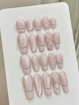 10pcs Rhombus French Pearl Pink Cat Eye Bow Handmade Nails Acrylic Press On Nails Spring Summer Nails Glitter Rhinestone Decoration Short Coffin/Extra Long Oval French Fake Nails Full Cover Nail Tips With Jelly Glue And Nail File, DIY Nail Art Supplies