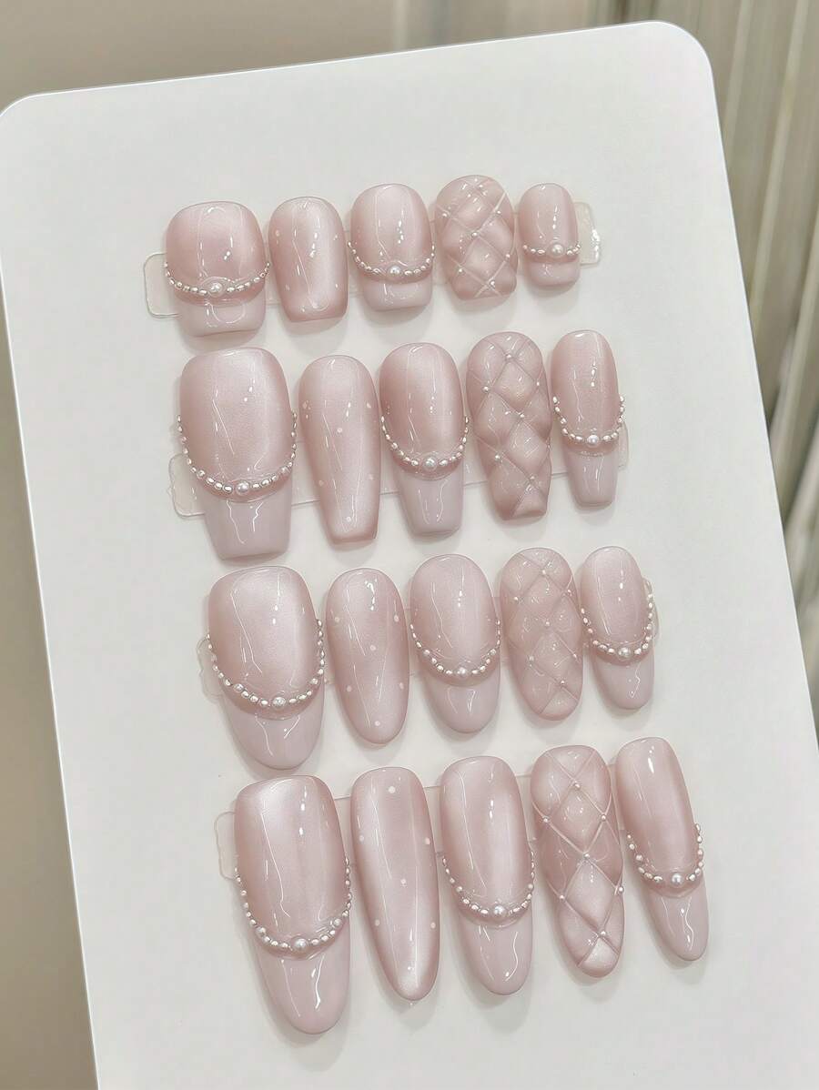 10pcs Rhombus French Pearl Pink Cat Eye Bow Handmade Nails Acrylic Press On Nails Spring Summer Nails Glitter Rhinestone Decoration Short Coffin/Extra Long Oval French Fake Nails Full Cover Nail Tips With Jelly Glue And Nail File, DIY Nail Art Supplies