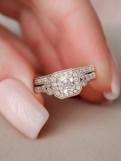 ESBERRY 2pcs/Set S925 Sterling Silver Sparkle Engagement Moissanite Ring Wedding Band For Women Stacking Rings Promise Ring Eternity Ring Valentine's Day Luxury Jewelry Gifts