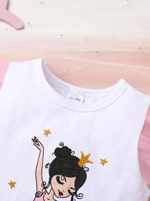 Vestido de niña pequeña para verano, con estampado de niñas de baile, parche de malla con volantes