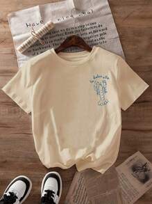 Women's Letter & Lobster Print Round Neck Short Sleeve Milk Silk Regular T-Shirt