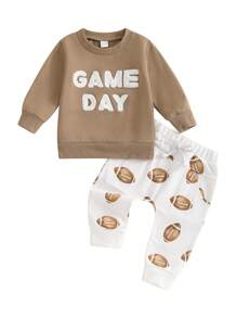 Toddler Boys Spring Outfits Fuzzy Letter Embroidery Long Sleeve Sweatshirts And Rugby Print Long Pants 2Pcs Clothes Set - Khaki - View 6