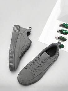 Men's Casual Sports Shoes, Comfortable Breathable Flat Casual Shoes, PU Material Fabric Lining, EVA Anti-Skid Sole, Solid Color Lace-Up Men's Casual Shoes, Suitable For Outdoor, Walking, Street Skateboarding - Grey - View 4