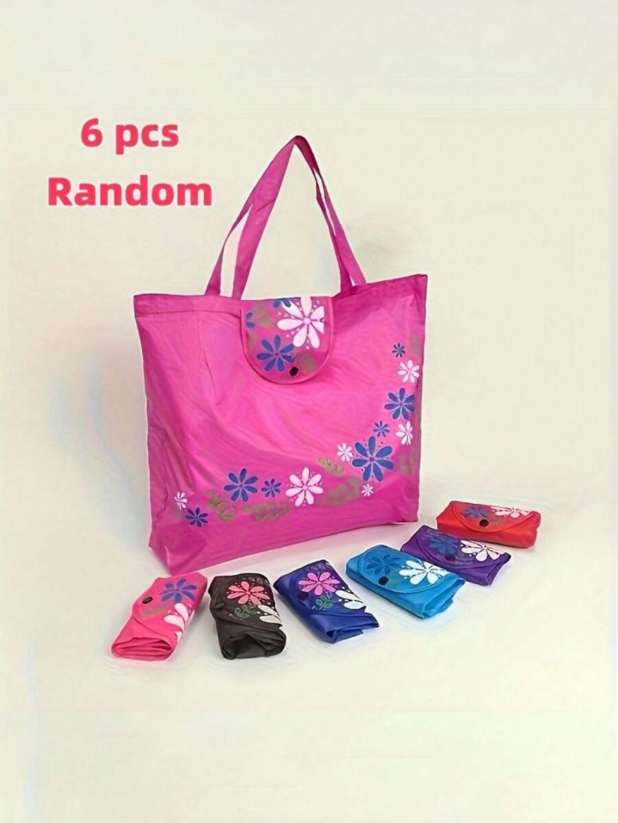 6pcs Reusable Shopping Bags With Printed Button Closure Foldable Polyester Storage Bags, Leak-Proof Rectangular Bags, Suitable For Thanksgiving And Earth Day
