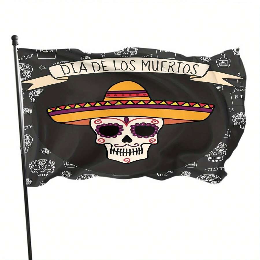 1件IBILIU死亡之日旗帜90*150cm，草帽帽糖骷髅万圣节鲜花蜡烛花园旗帜房屋旗帜欢迎庭院横幅室内户外装饰礼物生日毕业室装饰派对礼物家居装饰挂毯 - 黑色 - 查看 1