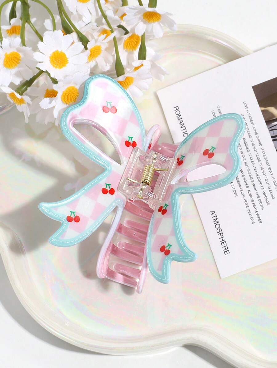 1pc Women's Fashionable Cute Cherry Plaid Printed Bowknot Hair Claw, Suitable For Daily Wear Claw Clips Hair Clips Hair Jaw Clip Hair Clamps Hair Clutch Hair Catcher Clip Holiday Essential Hair Accessories Summer Outfits - Multicolor - View 1
