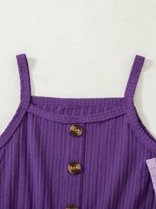 Young Girls 3 Pieces Set: Solid Color Ribbed Floral Print Camisole Jumpsuit - Purple - View 11