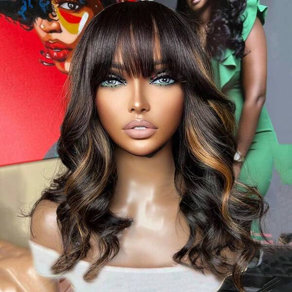 1b/30 Body Wave Highlight Bob Wig Human Hair With Bangs 180% Density None Lace Bob Wigs With Upgrade Breathable Bangs Wear And Go Glueless Machine Made Wig For Women