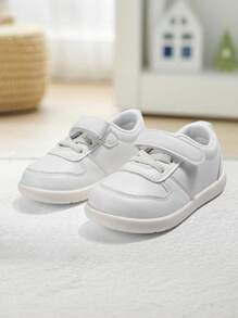1 Pair Kids White Hook And Loop Flat Fashion Casual Comfortable Athletic Sneakers For Daily & Outdoor Activities - White - View 1