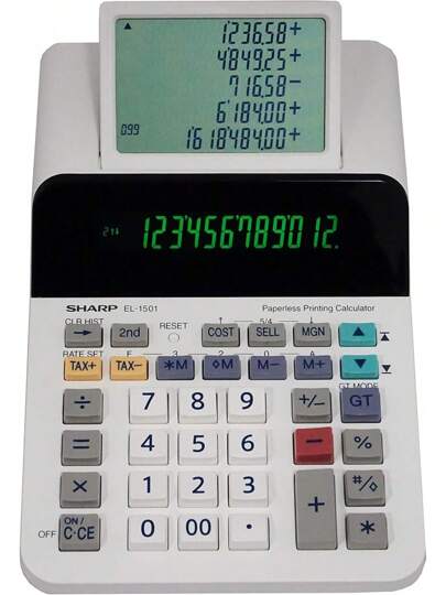 El-1501 Compact Cordless Paperless Large 12-Digit Display Desktop Printing Calculator That Utilizes Printing Calculator Logic