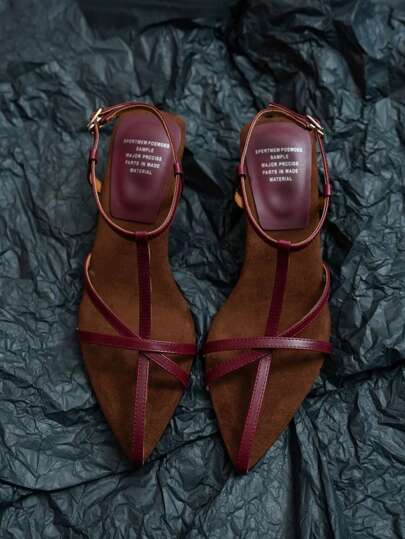 2025 French Leather Pointed Toe Wedge Heel Fashion Minimalist Strap Sandals For Women, Approx. 3.2CM-3.6CM Toe Room