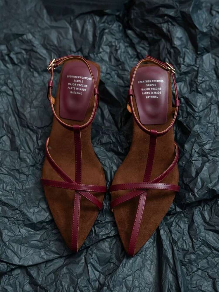 2025 French Leather Pointed Toe Wedge Heel Fashion Minimalist Strap Sandals For Women, Approx. 3.2CM-3.6CM Toe Room,Kitten Heels,Spring Summer Outfits - Red - View 1