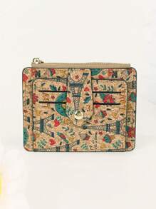 1pc Unisex Vintage Style Coin Purse 9 Card Slots Printed Pattern Soft Cork Material Suitable For Daily Use Card Holder Wallet Business Card Holder Credit Card Holder Id Card Holder Women For Women Mini Wallet Card Wallet