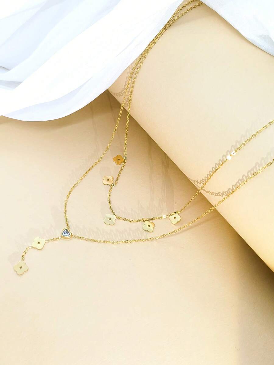 1pc French Romantic Double Layer Rhinestone Clover Necklace, Gift For Girlfriend Or Best Friend - Yellow Gold - View 1