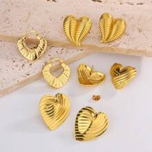 1 对/4 对复古金属几何光泽不对称图案心形设计耳钉女士款，百搭不锈钢