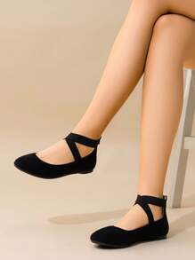 Women's Sole_Stretchy White/PU Elastic Ankle Straps Ballet Flats Shoes - Black - View 2