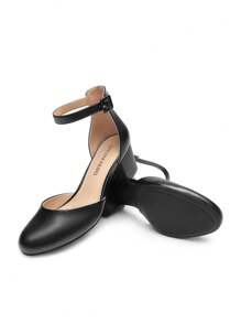 Women's Ankle Strap Chunky Heel Pumps Closed Round Toe Low Block Heels Elegant Simple Wedding Office Party  Dress Shoes - 黑PU - 查看 8