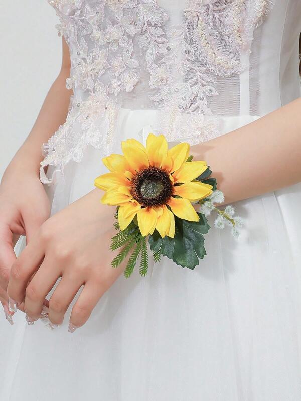 1pc Yellow Sunflower & Faux Green Plant Wrist Corsage, Romantic Style Suitable For Bride, Bridesmaid, Wedding, Party, Graduation