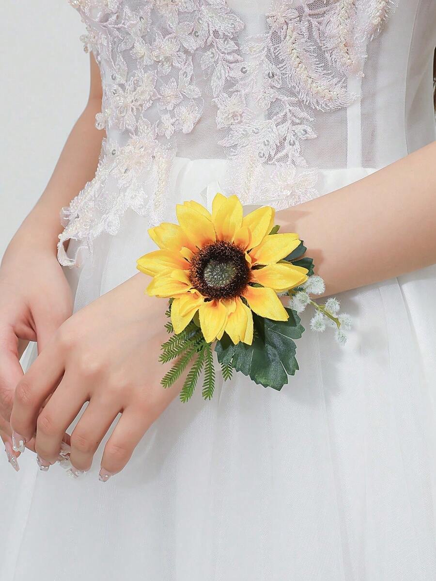 1件黄色向日葵和仿真绿植腕花，浪漫风格，适合新娘、伴娘、婚礼、派对、毕业典礼、情人节等场合佩戴。 - 彩色 - 查看 1