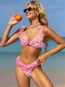 Women's Summer Beach Ditsy Floral Print Panelled Ruffled Underwired Bikini Set - Multicolor - View 2