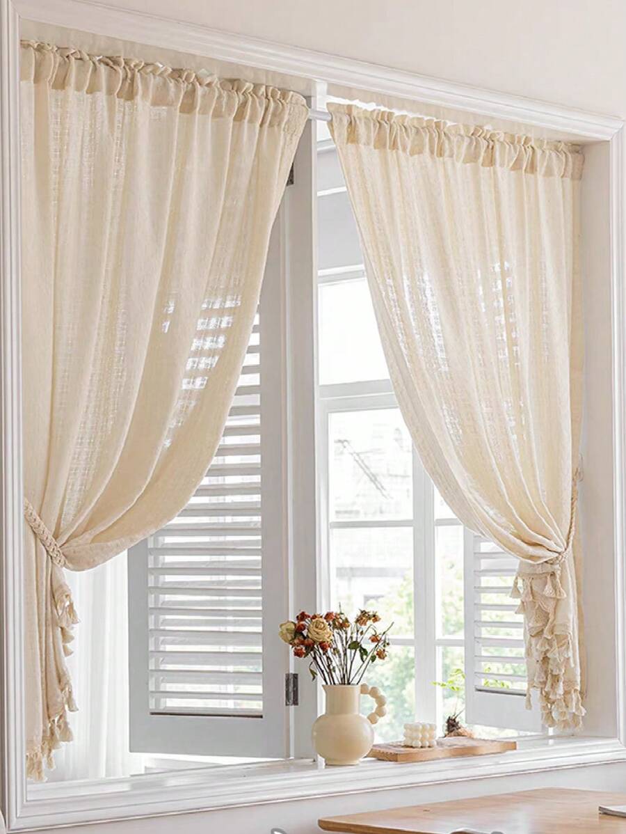 1 件亚麻薄纱窗帘 - 日式亚麻风格，杆袋设计，适用于客厅和卧室 - 透明和滤光窗帘，客厅窗帘 - 米色 - 查看 1