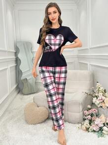 2 Stücke Damen Sommer Lässig Pyjama Set, Herz-Karomuster Kurzarm-Top und weite lange Hose